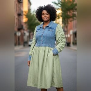 NWOT Olive and Blue Denim-Trim Long Sleeve Midi Dress